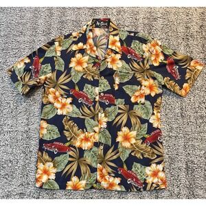 Alan Stuart Mens M Navy‎ Blue Tropical Floral Classic Car Button Down Shirt